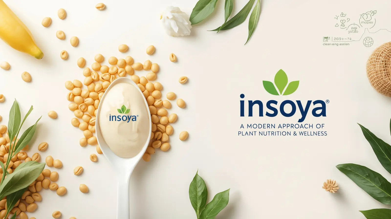 Insoya non-GMO soybeans promotional image: Golden soy beans, spoon, green leaves, banana, and wellness branding for plant-based nutrition.