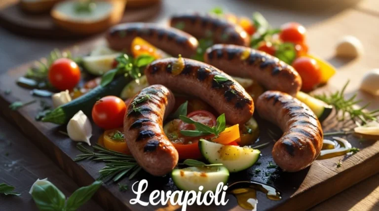 Photorealistic Levapioli grilled sausages platter with fresh tomatoes, basil, and olive oil on rustic wooden board