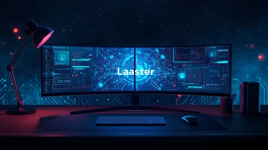 Laaster Technology: A Game-Changer in Today’s Digital World Futuristic cyberpunk desk setup for Laaster Technology: AI-powered collaboration, secure data networks on glowing blue monitors.