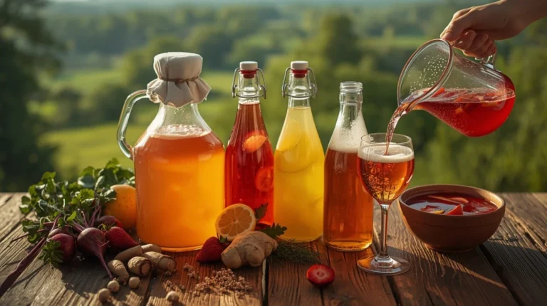 Ultra-realistic still life of Lithuanian Sodziu fermented drinks: amber kombucha jars, pink strawberry fizz bottles, ginger-lemon brews, and beet kvass with fresh fruits and herbs on rustic wooden table.