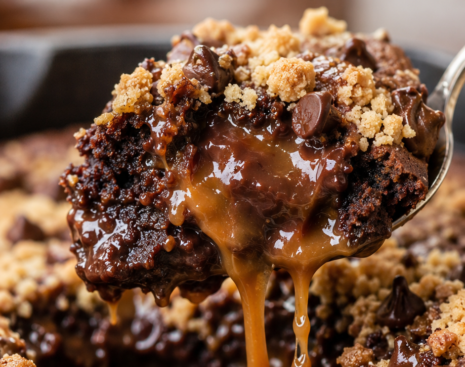 Chocolate Caramel Crumb Skillet Cake (Warm, Gooey One-Pan Dessert Ready in Under an Hour)