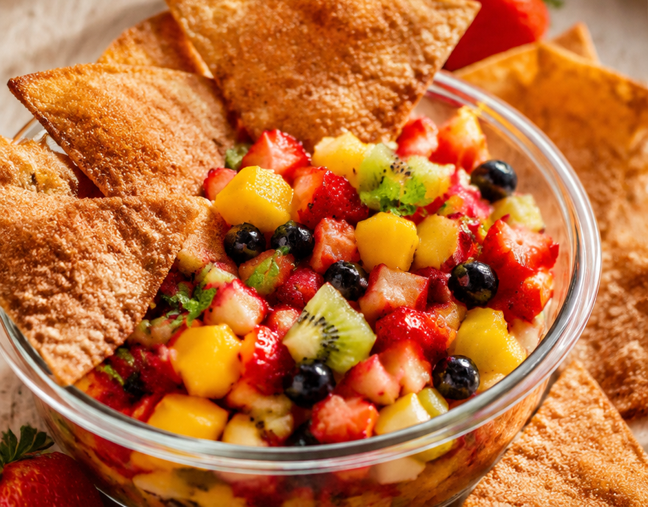 Easy Fruit Salsa with Cinnamon Sugar Tortilla Chips (The Freshest Party Snack Ever)